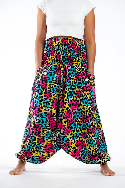 Handmade Women Flowy Harem Pants - Jumpsuit Smocked Waist (Disco Leopard)