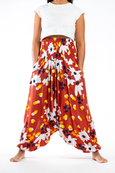 Handmade Women Flowy Harem Pants - Jumpsuit Smocked Waist (Autumn Flowers)