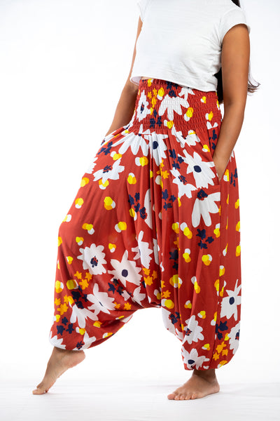 Handmade Women Flowy Harem Pants - Jumpsuit Smocked Waist (Autumn Flowers)