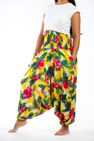 Handmade Women Flowy Harem Pants - Jumpsuit Smocked Waist (Spring Sun)