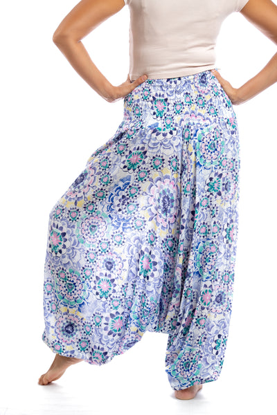 Handmade Women Flowy Harem Pants - Jumpsuit Smocked Waist (Purple Bloom)