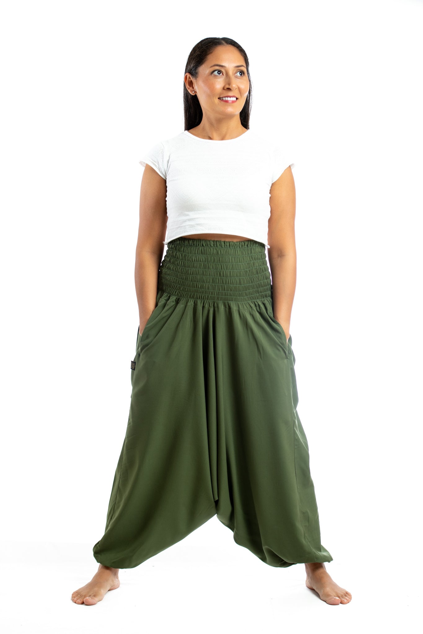 Handmade Women Flowy Harem Pants - Jumpsuit Smocked Waist (Green Pine)
