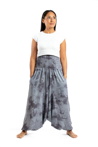 Handmade Women Flowy Harem Pants - Jumpsuit Smocked Waist (Sea Stone Tie-Dye)