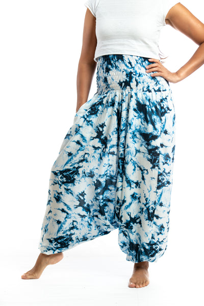 Handmade Women Flowy Harem Pants - Jumpsuit Smocked Waist (Cornflower Blue Tie-Dye)