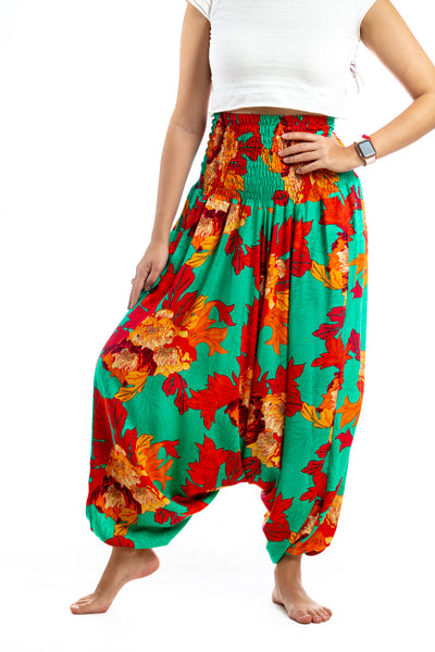 Handmade Women Flowy Harem Pants - Jumpsuit Smocked Waist (Fire Flower)