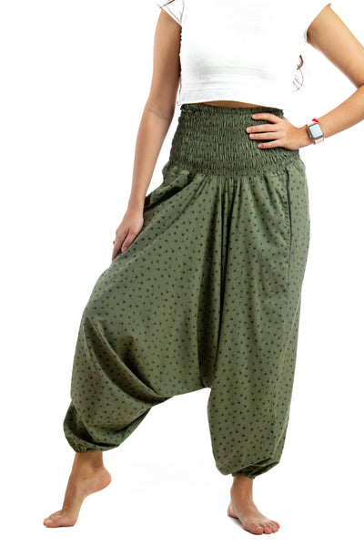 Handmade Women Flowy Harem Pants - Jumpsuit Smocked Waist (Olive Flower)