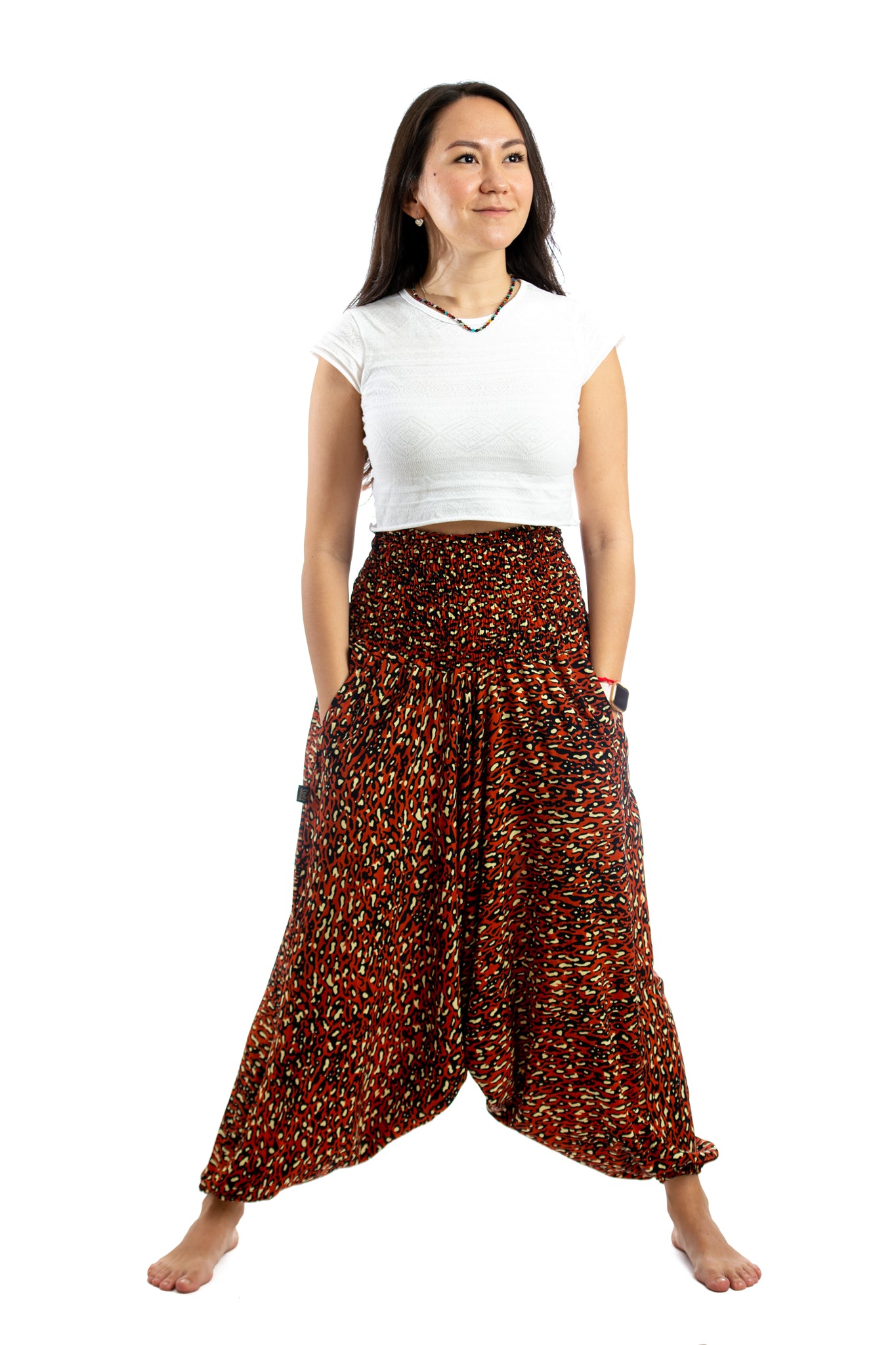 Handmade Women Flowy Harem Pants - Jumpsuit Smocked Waist (Red Leopard)