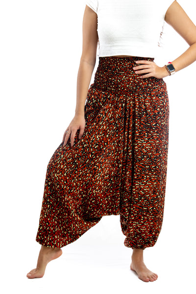 Handmade Women Flowy Harem Pants - Jumpsuit Smocked Waist (Red Leopard)