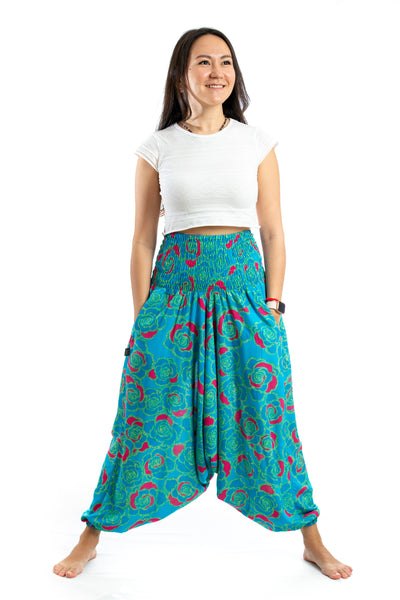 Handmade Women Flowy Harem Pants - Jumpsuit Smocked Waist (Turquoise Roses)