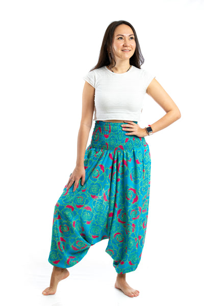 Handmade Women Flowy Harem Pants - Jumpsuit Smocked Waist (Turquoise Roses)