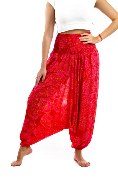 Handmade Women Flowy Harem Pants - Jumpsuit Smocked Waist (Fuchsia Roses)