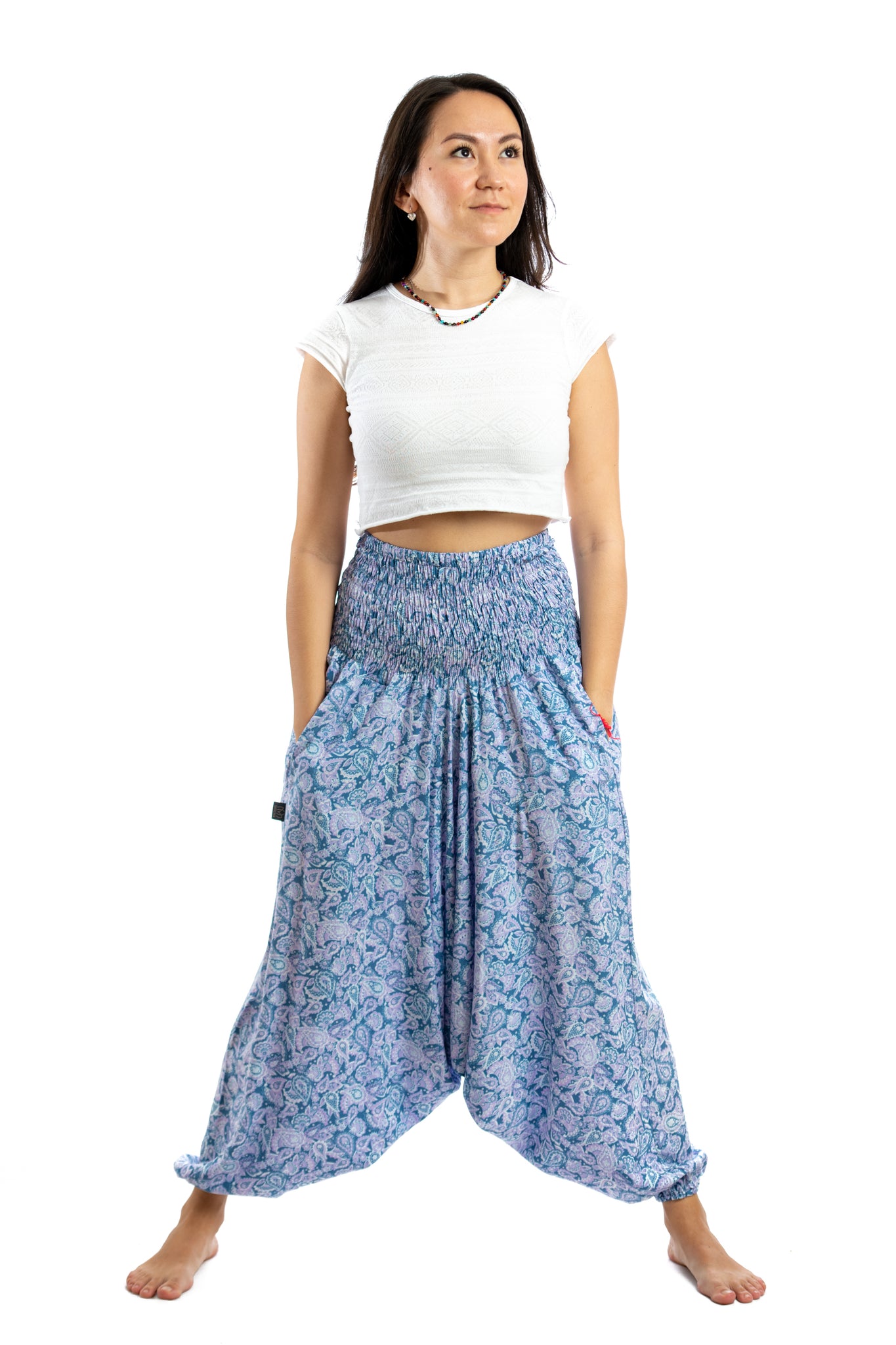 Handmade Women Flowy Harem Pants - Jumpsuit Smocked Waist (Paisley Blue)