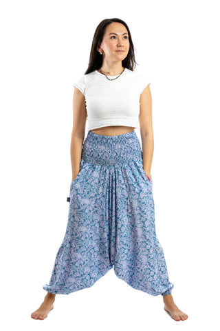 Handmade Women Flowy Harem Pants - Jumpsuit Smocked Waist (Paisley Blue)