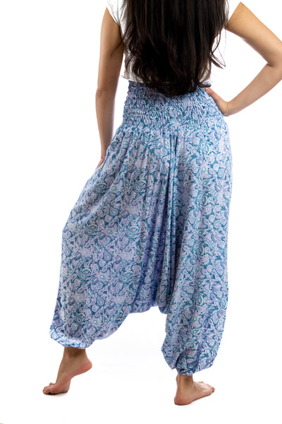 Handmade Women Flowy Harem Pants - Jumpsuit Smocked Waist (Paisley Blue)