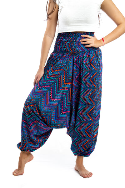 Handmade Women Flowy Harem Pants - Jumpsuit Smocked Waist (African Zig-Zag Purple Blue)