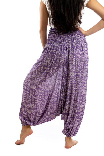 Handmade Women Flowy Harem Pants - Jumpsuit Smocked Waist (Tribal Lavender)