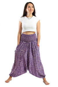 Handmade Women Flowy Harem Pants - Jumpsuit Smocked Waist (Tribal Lavender)