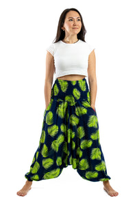Handmade Women Flowy Harem Pants - Jumpsuit Smocked Waist (Lime Palm)