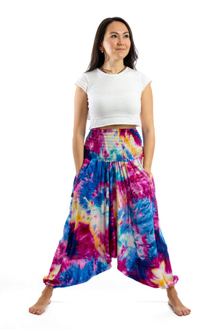 Handmade Women Flowy Harem Pants - Jumpsuit Smocked Waist (Supernova Tie-Dye)