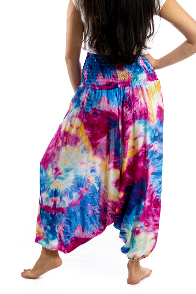 Handmade Women Flowy Harem Pants - Jumpsuit Smocked Waist (Supernova Tie-Dye)