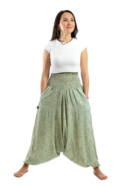 Handmade Women Flowy Harem Pants - Jumpsuit Smocked Waist (Cheetah Lettuce)
