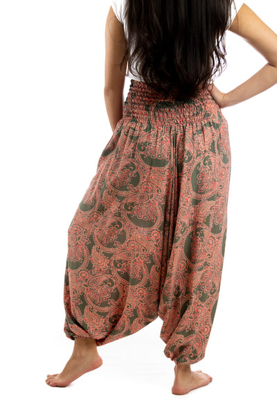Handmade Women Flowy Harem Pants - Jumpsuit Smocked Waist (Oriental Cucumber)