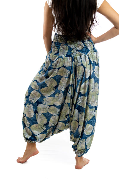Handmade Women Flowy Harem Pants - Jumpsuit Smocked Waist (Japanese Fern)