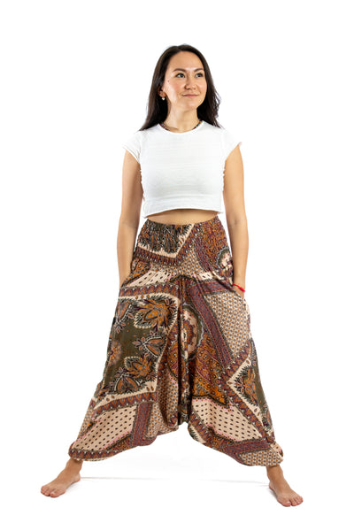 Handmade Women Flowy Harem Pants - Jumpsuit Smocked Waist (Middle Eastern Pattern)