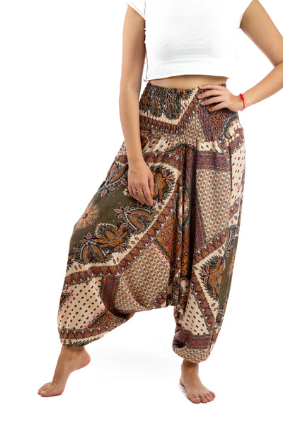 Handmade Women Flowy Harem Pants - Jumpsuit Smocked Waist (Middle Eastern Pattern)