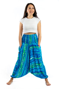Handmade Women Flowy Harem Pants - Jumpsuit Smocked Waist (Oxygen Tie-Dye)