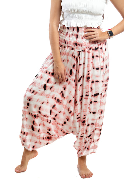 Handmade Women Flowy Harem Pants - Jumpsuit Smocked Waist (Rose Pink Tie-Dye)