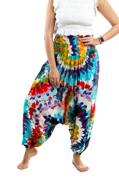 Handmade Women Flowy Harem Pants - Jumpsuit Smocked Waist (Rainbow Firebird)