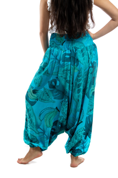 Handmade Women Flowy Harem Pants - Jumpsuit Smocked Waist (Blue Jungle Leaves)