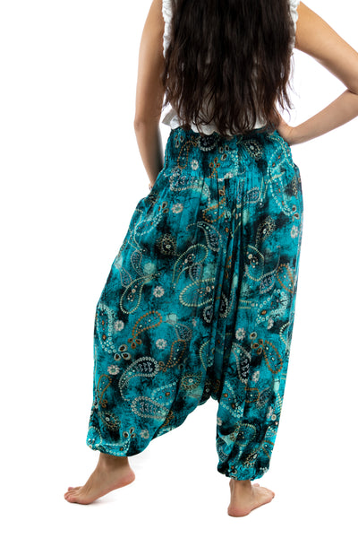 Handmade Women Flowy Harem Pants - Jumpsuit Smocked Waist (Jewel Turkish Cucumber)