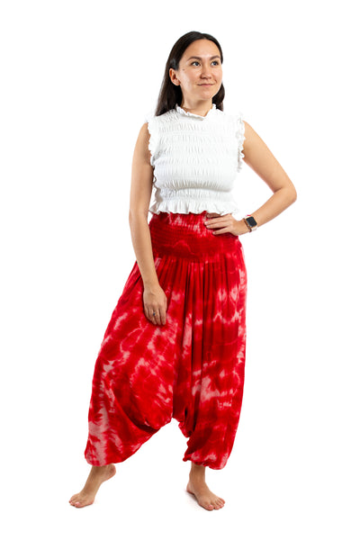Handmade Women Flowy Harem Pants - Jumpsuit Smocked Waist (Raspberry Tie-Dye)