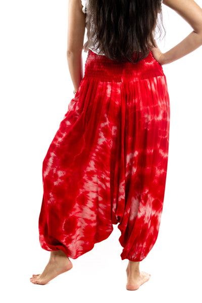 Handmade Women Flowy Harem Pants - Jumpsuit Smocked Waist (Raspberry Tie-Dye)