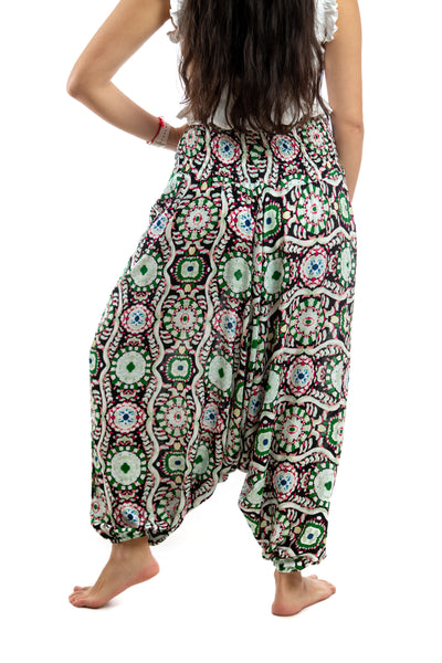 Handmade Women Flowy Harem Pants - Jumpsuit Smocked Waist (Colourful Mosaics)