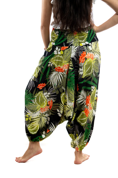 Handmade Women Flowy Harem Pants - Jumpsuit Smocked Waist (Autumn Jungle)