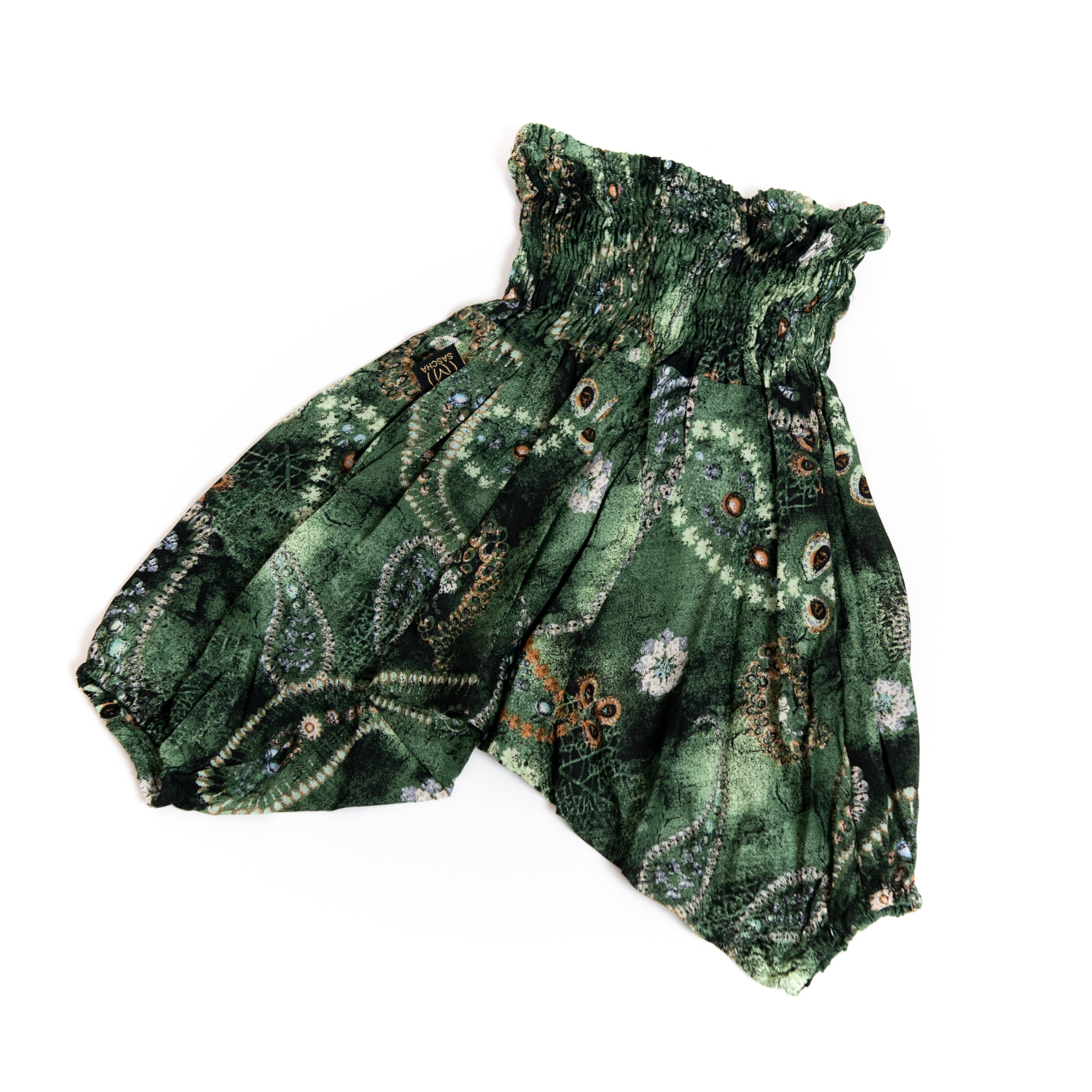 Handmade Kids Flowy Harem Pants - Jumpsuit Smocked Waist (Cosmic Jewels Green)