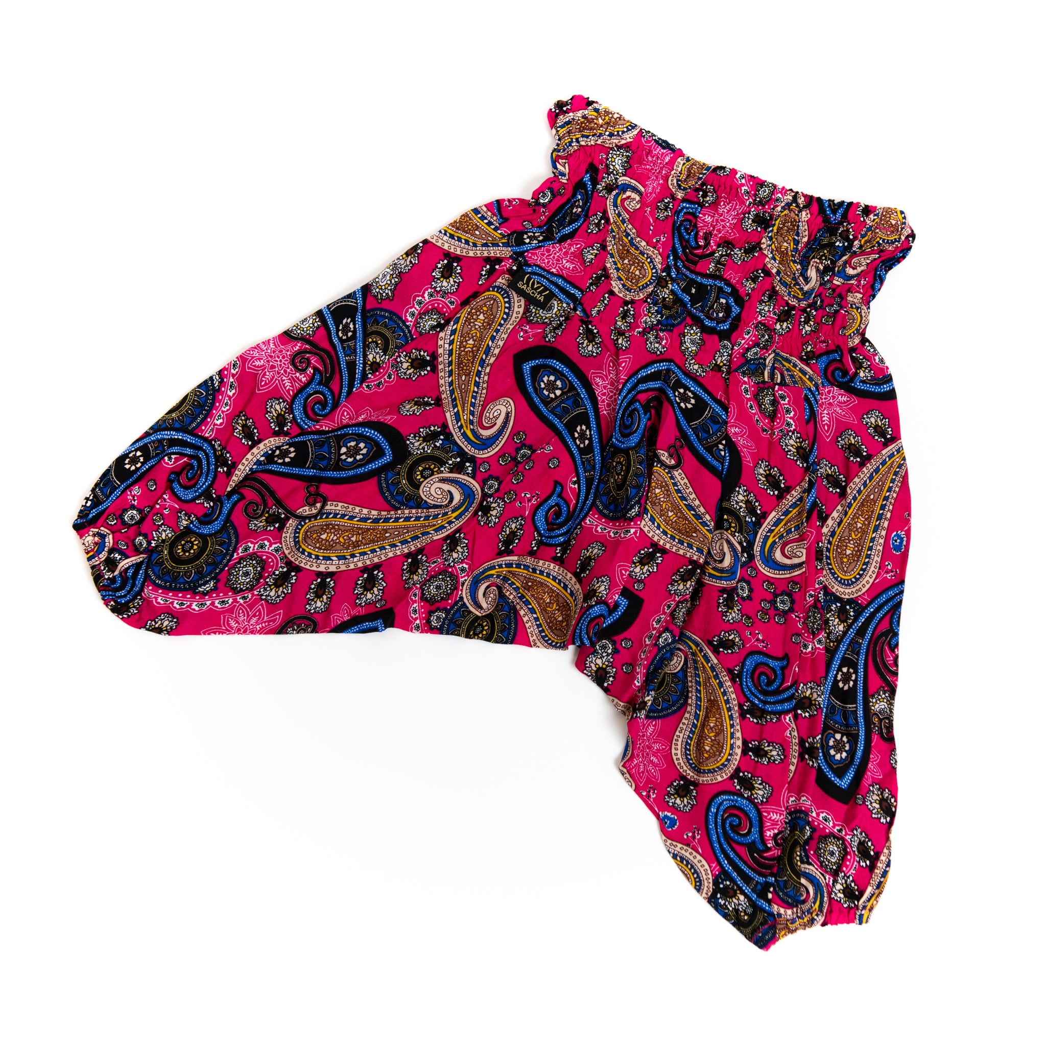 Handmade Kids Flowy Harem Pants - Jumpsuit Smocked Waist (Fuchsia Paisley)