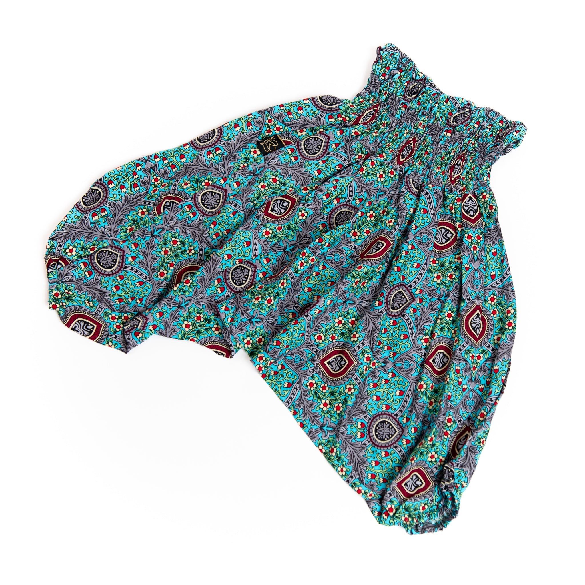 Handmade Kids Flowy Harem Pants - Jumpsuit Smocked Waist (Turquoise Persia)
