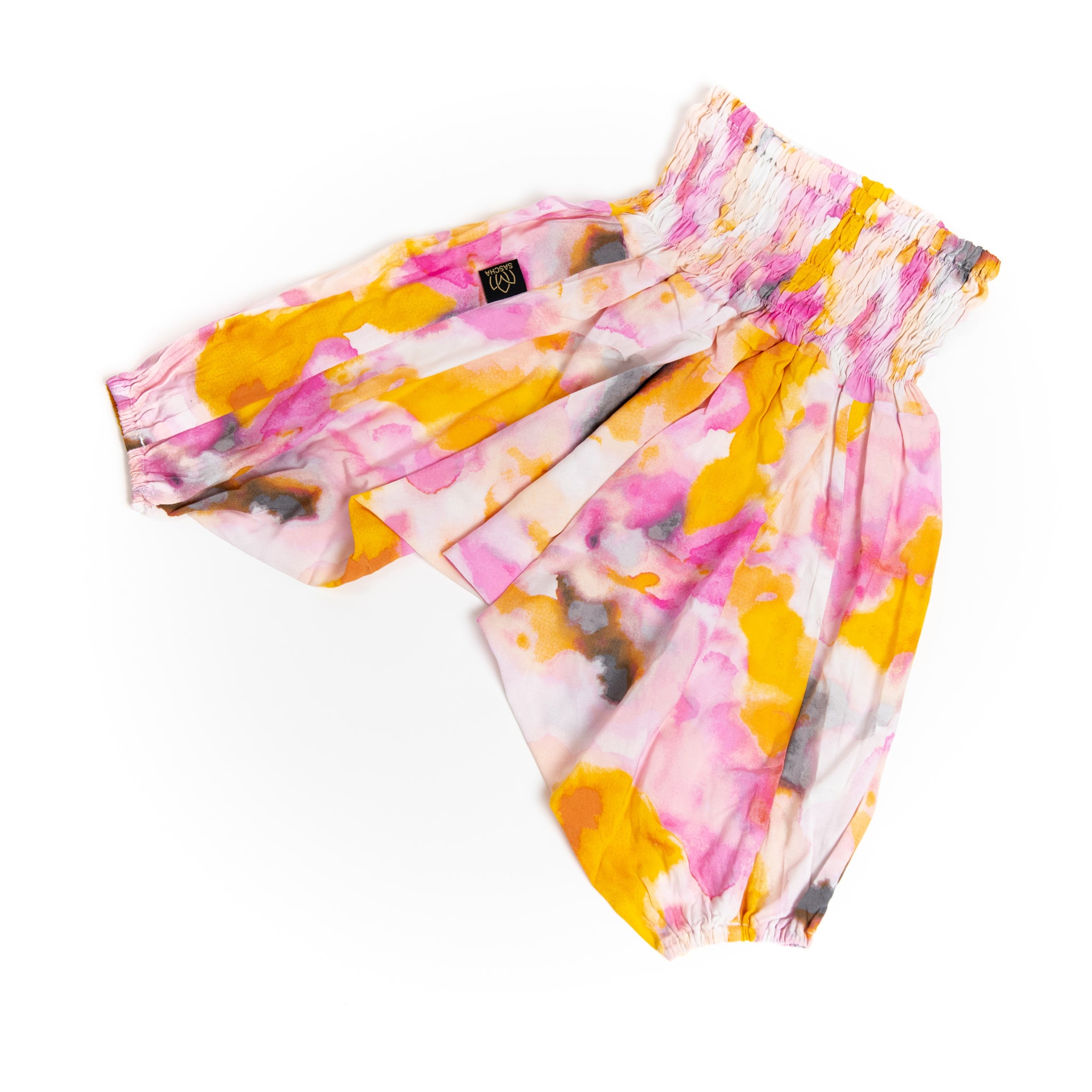 Handmade Kids Flowy Harem Pants - Jumpsuit Smocked Waist (Pink Watercolor Tie-Dye)