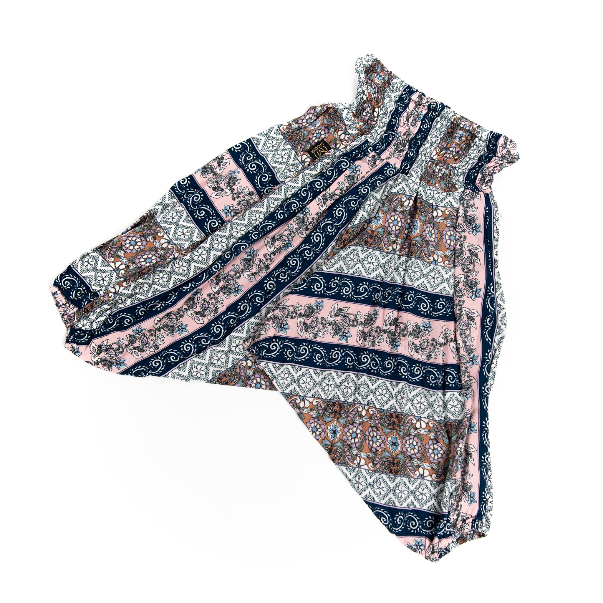 Handmade Kids Flowy Harem Pants - Jumpsuit Smocked Waist (Tiles BlueGreyPink)