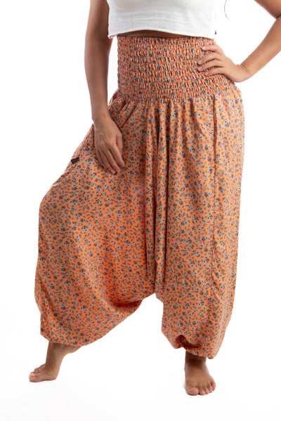 Handmade Women Flowy Harem Pants - Jumpsuit Smocked Waist(Orange Field)