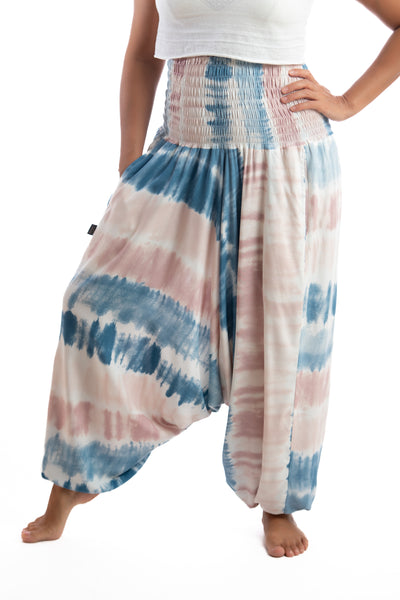 Handmade Women Flowy Harem Pants - Jumpsuit Smocked Waist(Glacial Tie-Dye)