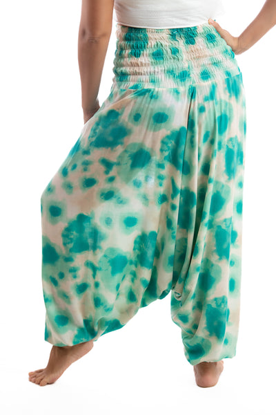 Handmade Women Flowy Harem Pants - Jumpsuit Smocked Waist(Zelenka Tie-Dye)