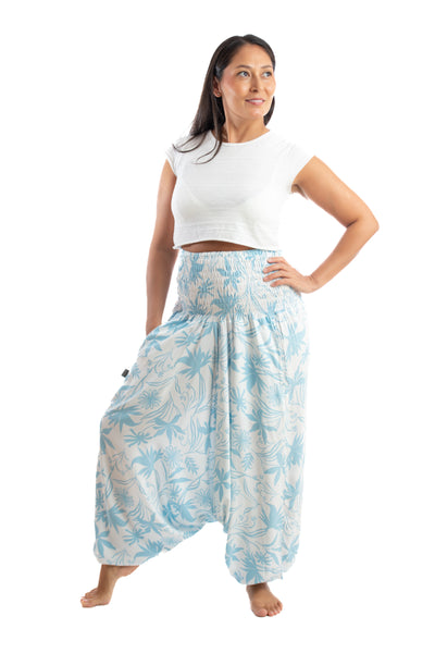 Handmade Women Flowy Harem Pants - Jumpsuit Smocked Waist(Light Blue Buds)