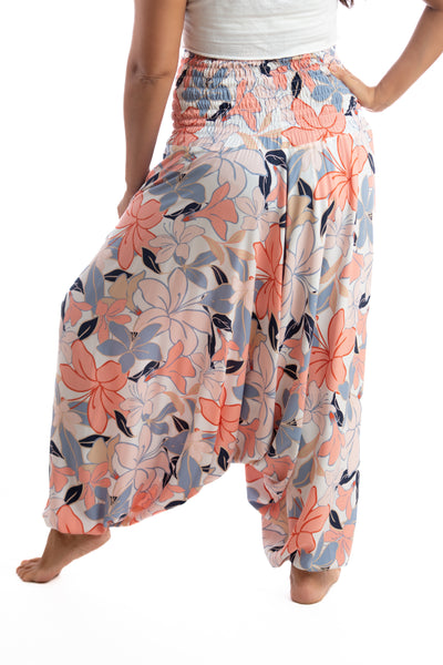 Handmade Women Flowy Harem Pants - Jumpsuit Smocked Waist(Pastel Flowers Blooming)