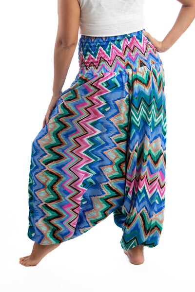Handmade Women Flowy Harem Pants - Jumpsuit Smocked Waist(Mexican Wave)