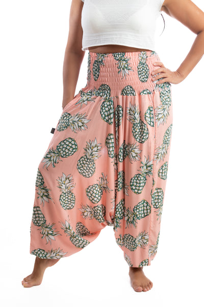 Handmade Women Flowy Harem Pants - Jumpsuit Smocked Waist(Pineapple Pina Colada)